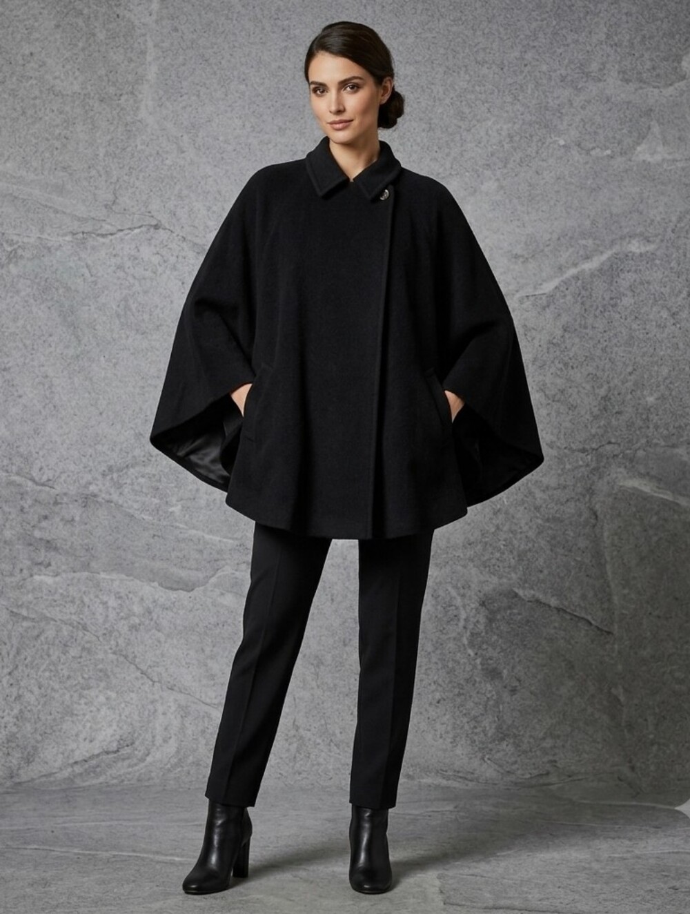 MARELLA Black Wool Cape with Single Button Collar